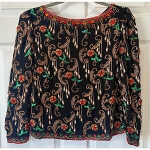 Vtg 80s Concetta Rafanello for St. Martin Sequin Beaded Blouse Glam Art Deco MED